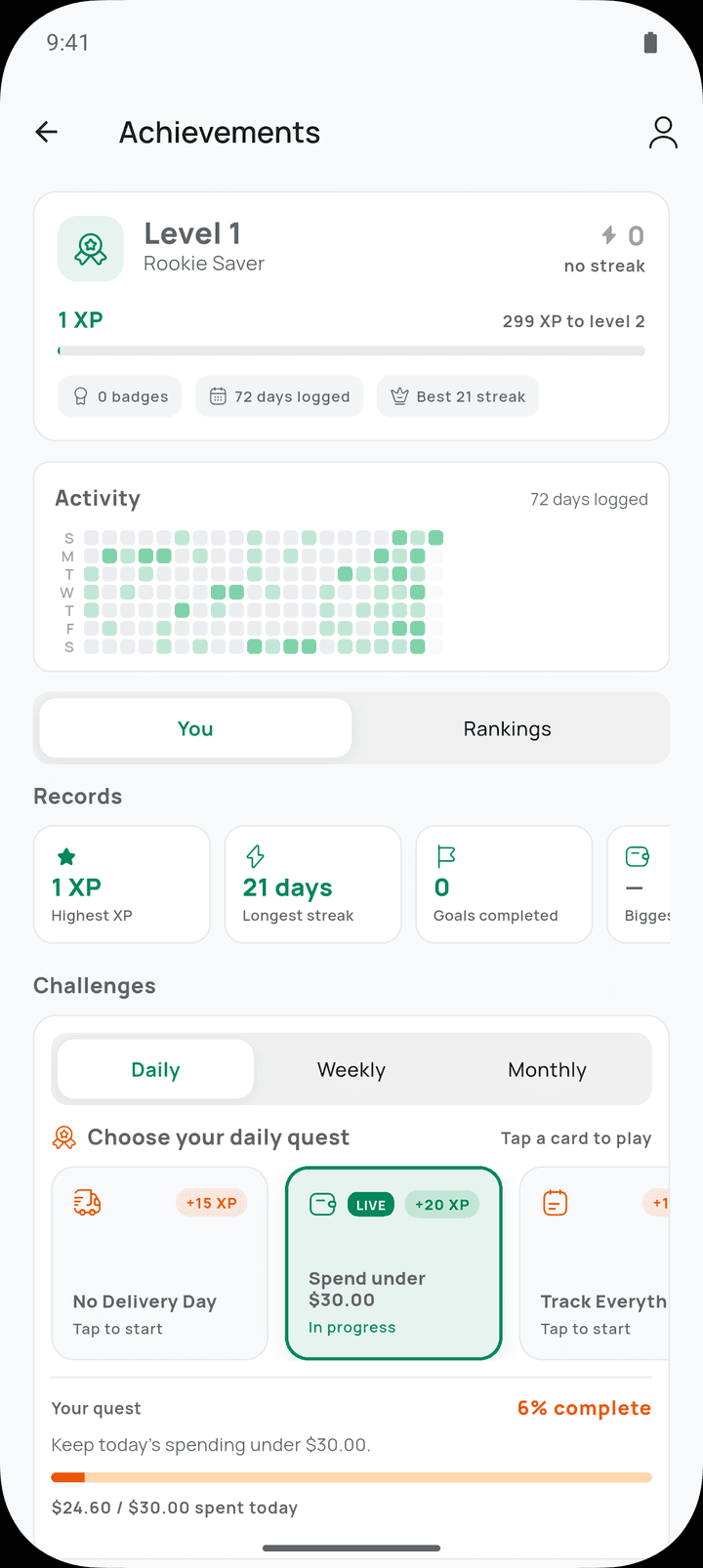 Walley achievements with streaks, XP, records and daily challenges