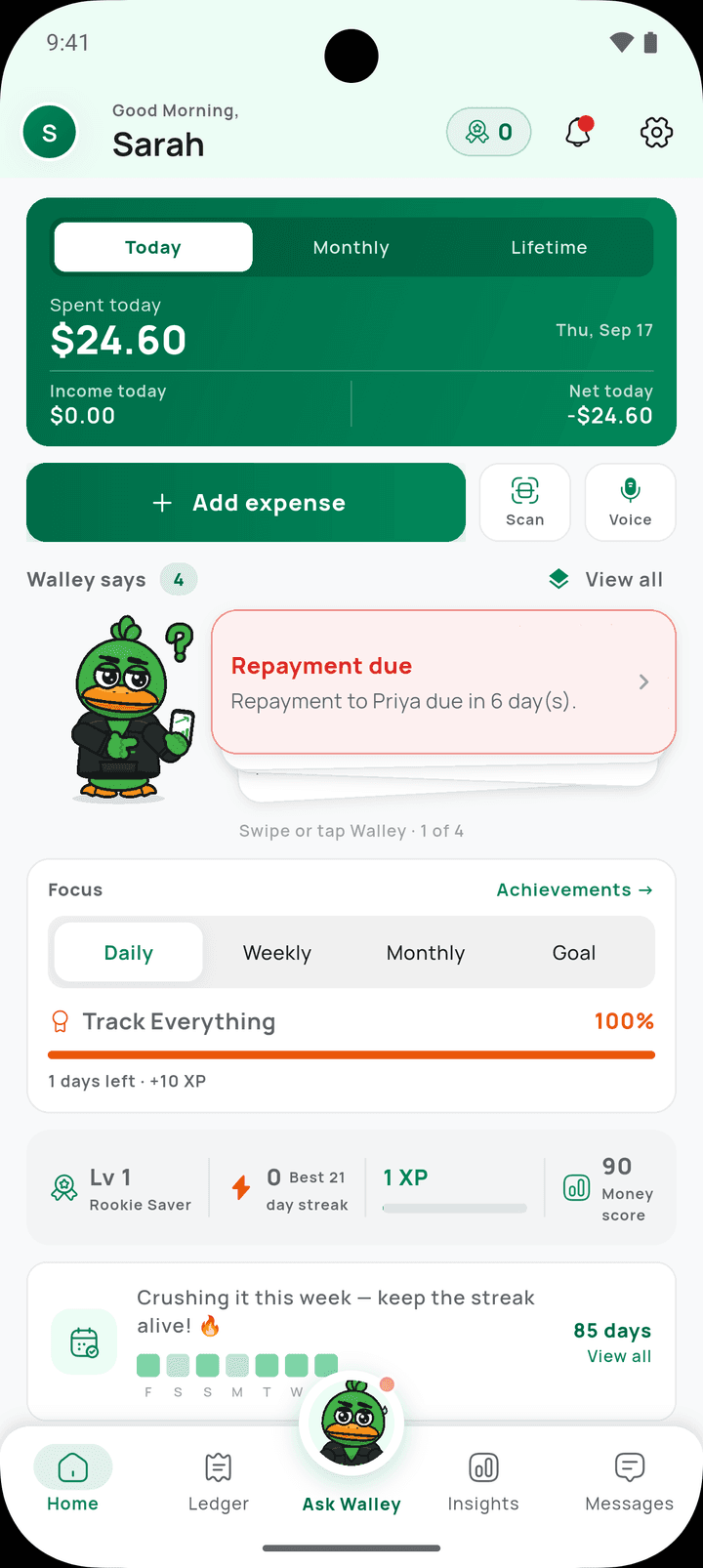 Walley home screen with today's spending, XP and streak
