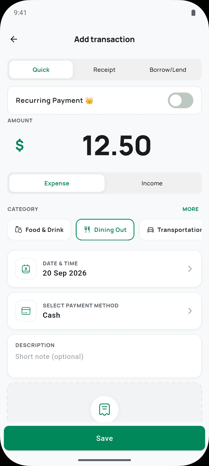 Walley add transaction form