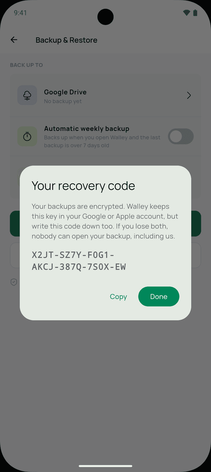 Walley backup and restore screen showing an encrypted backup recovery code