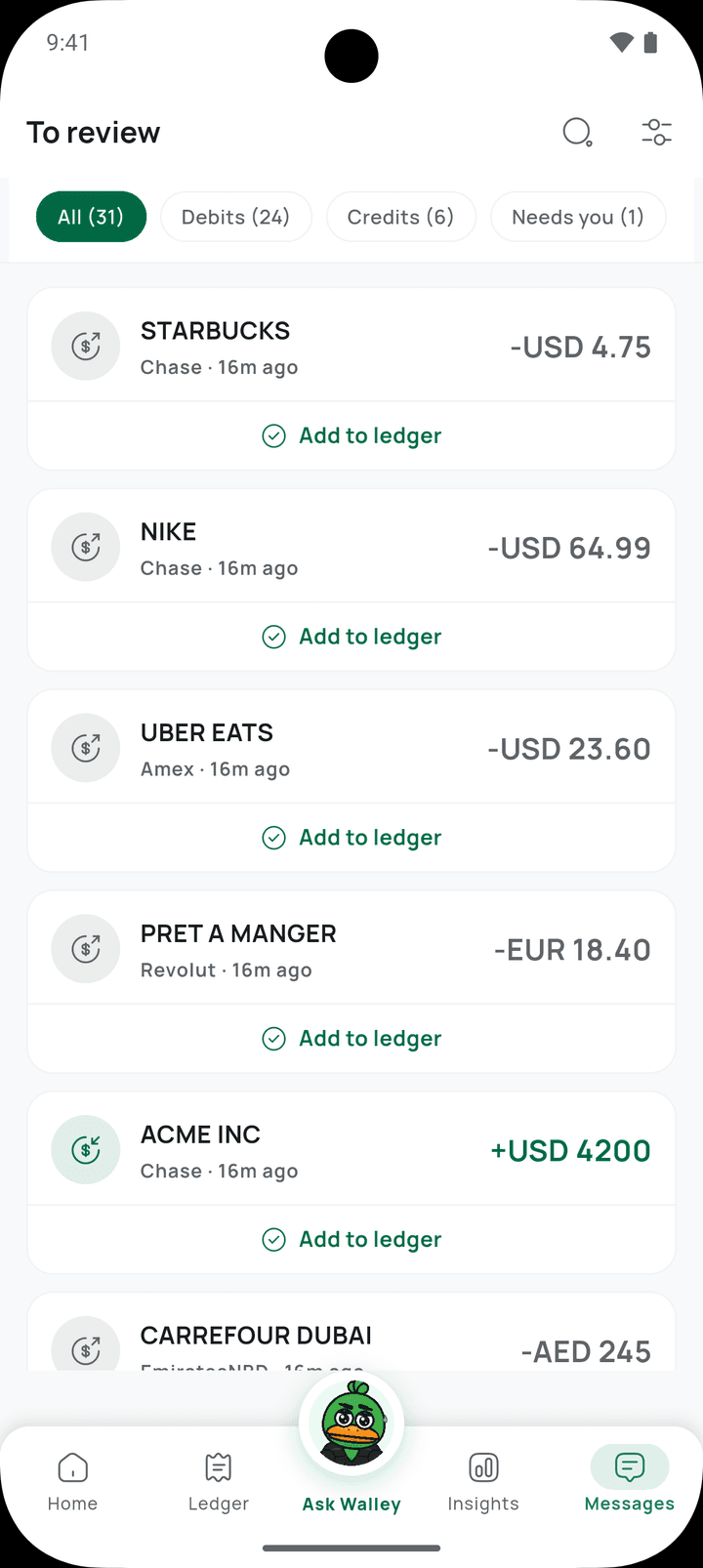 Walley payment messages to review as draft transactions